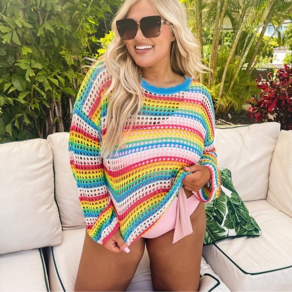 Pink Lily Rainbow Multicolor Open-Knit Stripe Sweater - Size XL